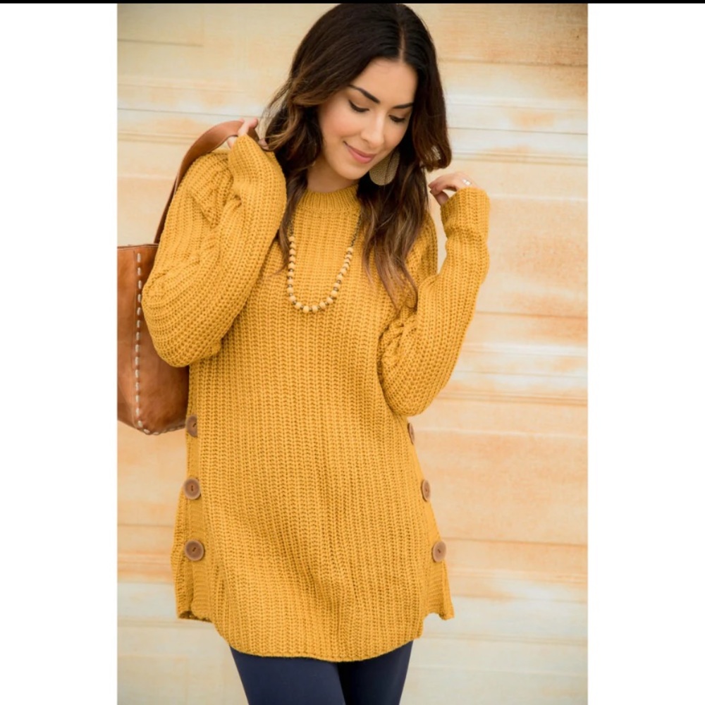 Side Button Tunic Sweater - Mustard Color - New